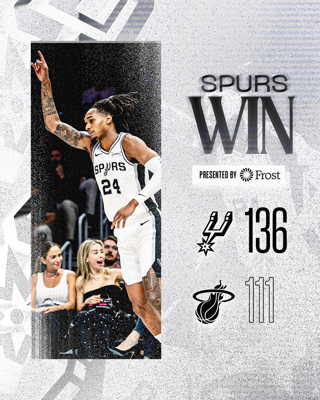 马刺战胜热火 恭喜马刺锁定西南赛区冠军🏆目前54胜18负，西部第二！上一次马刺