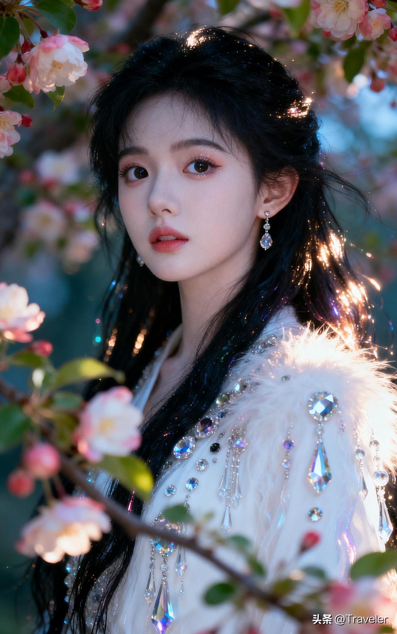 一个仙女在花丛中拍照。