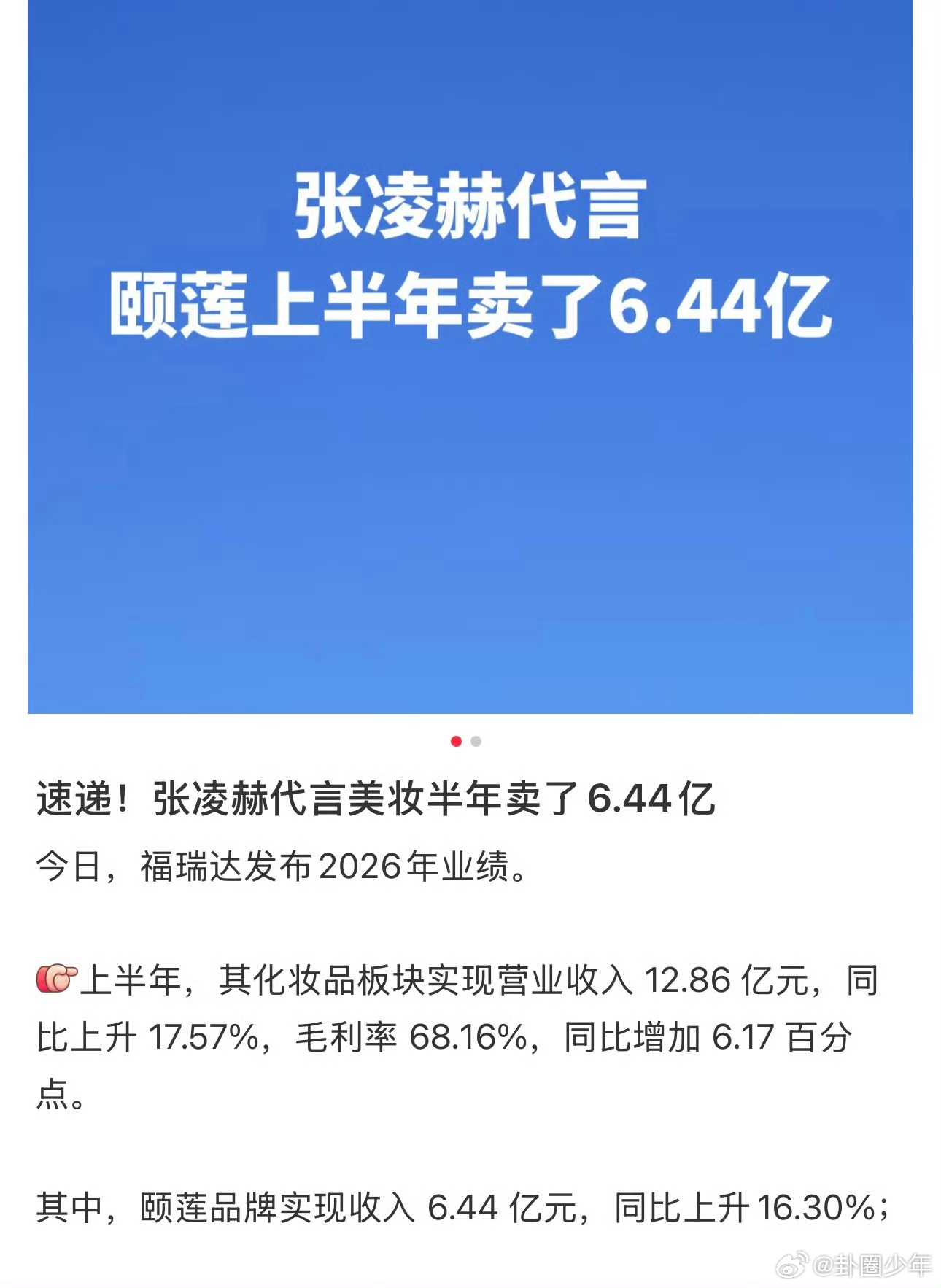 张凌赫代言的美妆上半年卖了6.44亿张凌赫颐莲上半年卖了6.44亿福瑞达官网报道