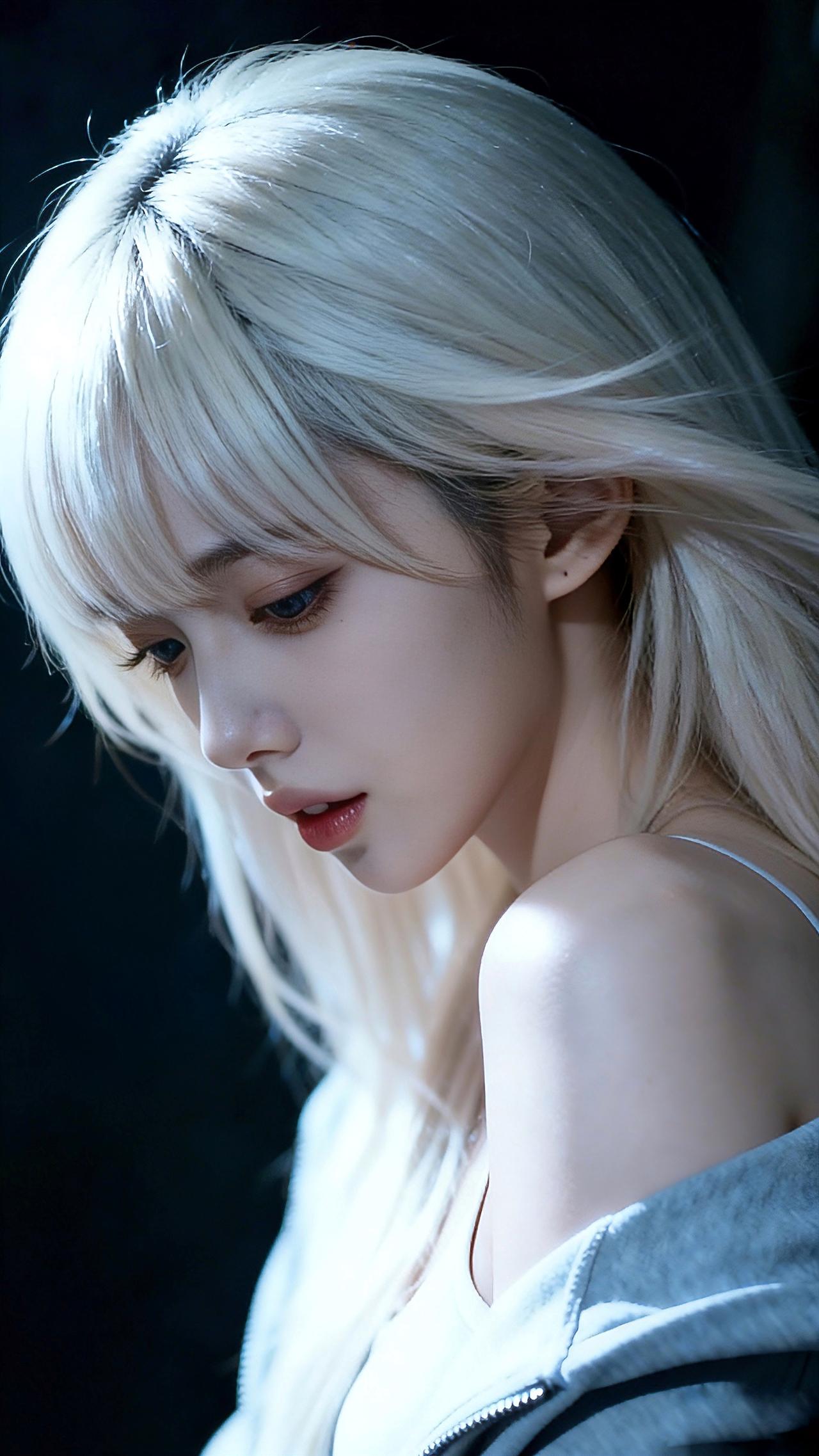 九帧同绘白金银发精灵。齐刘海下蓝眸如湖，睫长卷翘藏星，粉唇微绽。白衫配灰外套露肩