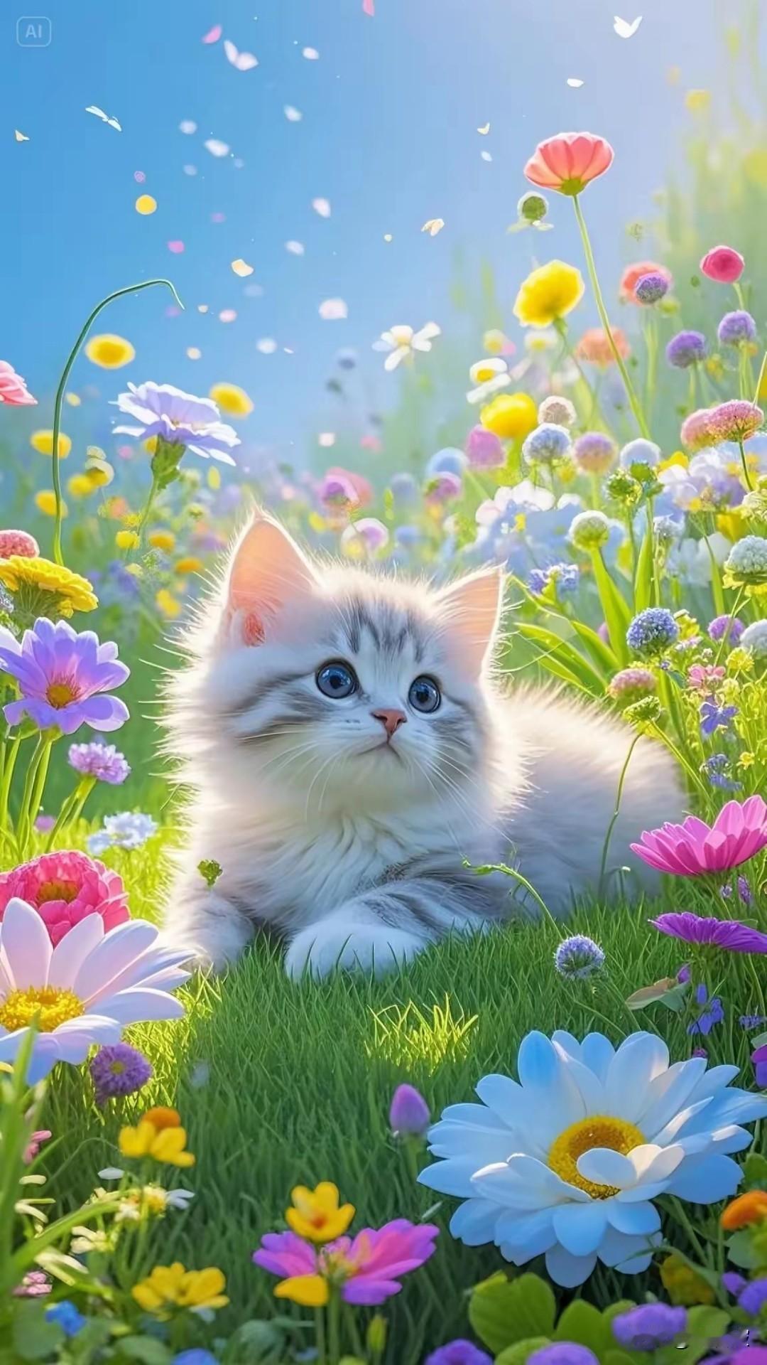 蝶恋花，猫恋蝶，
滿山花美喜猫蝶。