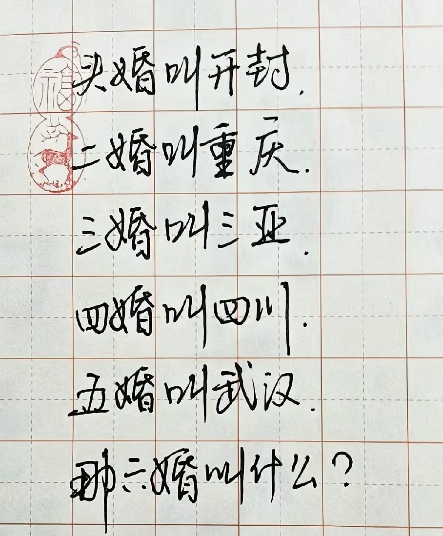 头婚开封、二婚重庆，三婚三亚，六婚该叫哪个城市？全网没人答对

婚姻趣味段子 二