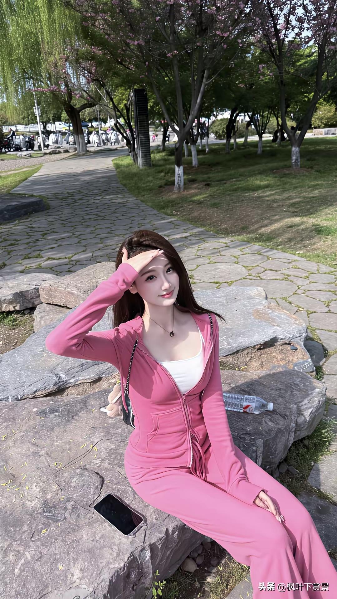 粉衣美人倚石坐，春光满面笑语多。