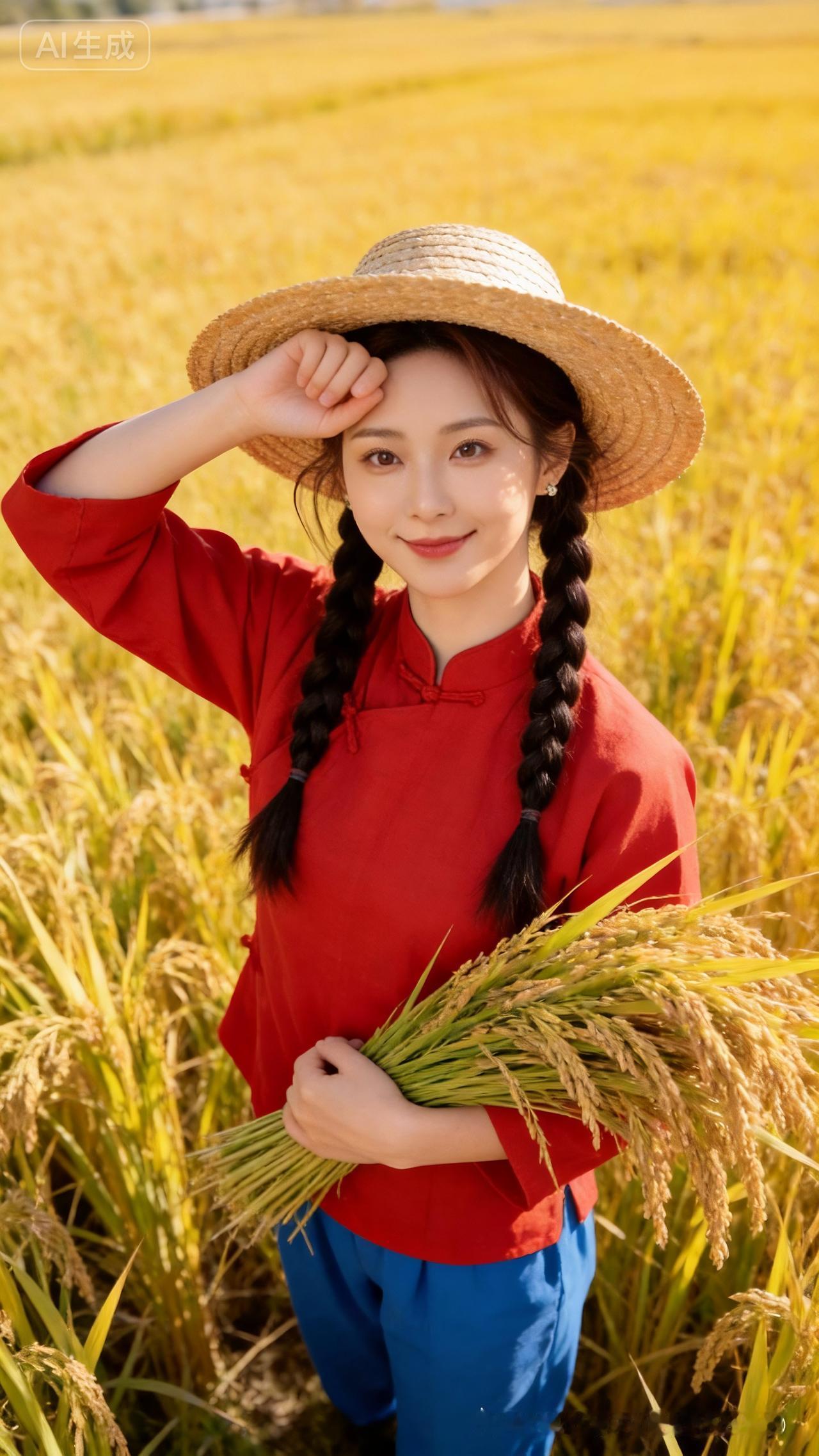 田园少女，稻田劳作，红衣蓝裤，笑容甜美！