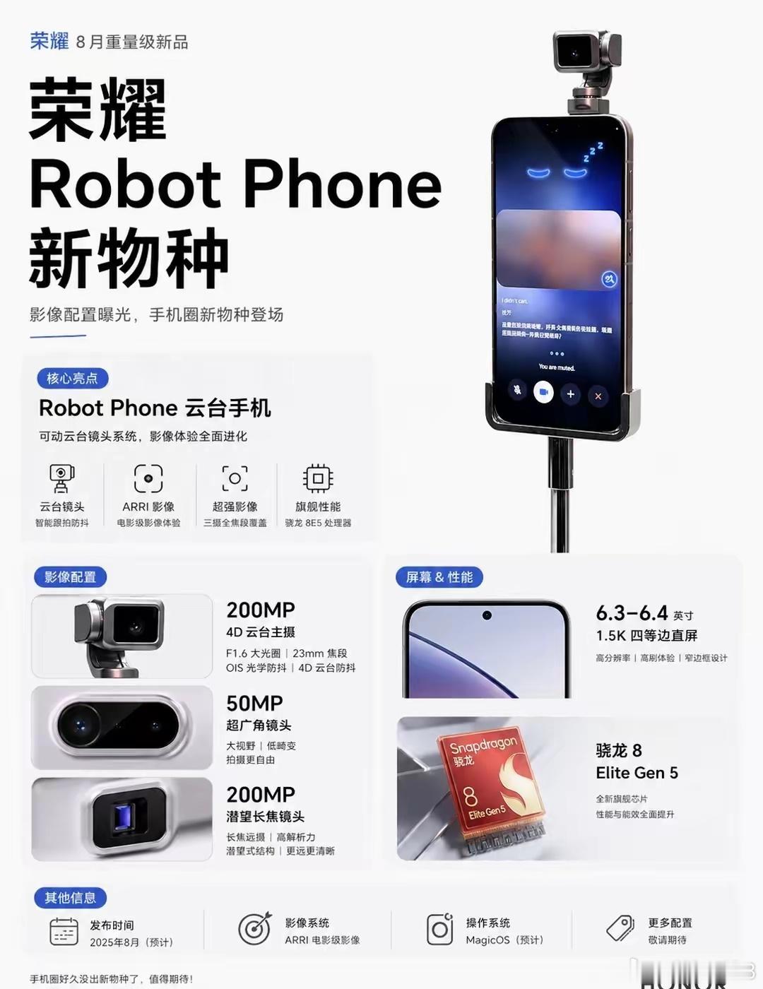 手机圈迎来全新品类！荣耀这款机器人手机参数曝光，配备6.3至6.4英寸1.5K窄