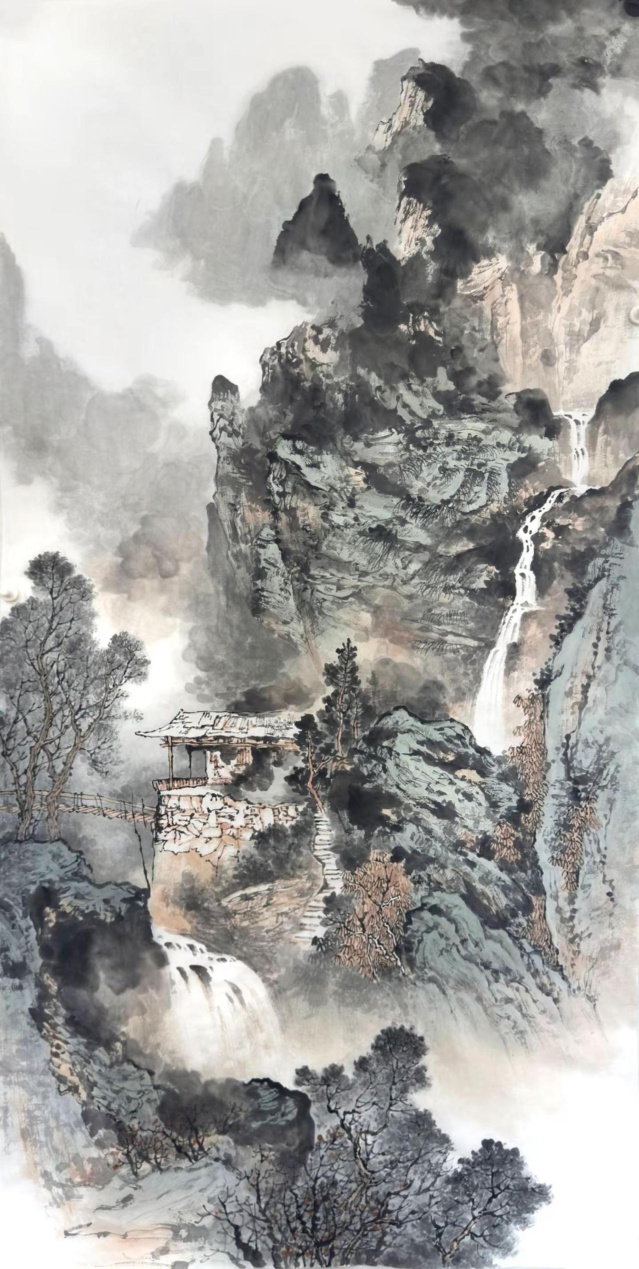 《烟云听泉图》。四尺手绘国画创作者中心 创作灵感 山水写意 国画山水