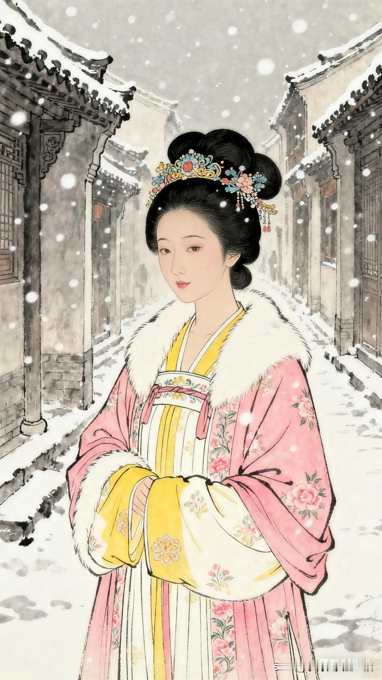 雪中美人立，
古韵入画来。
