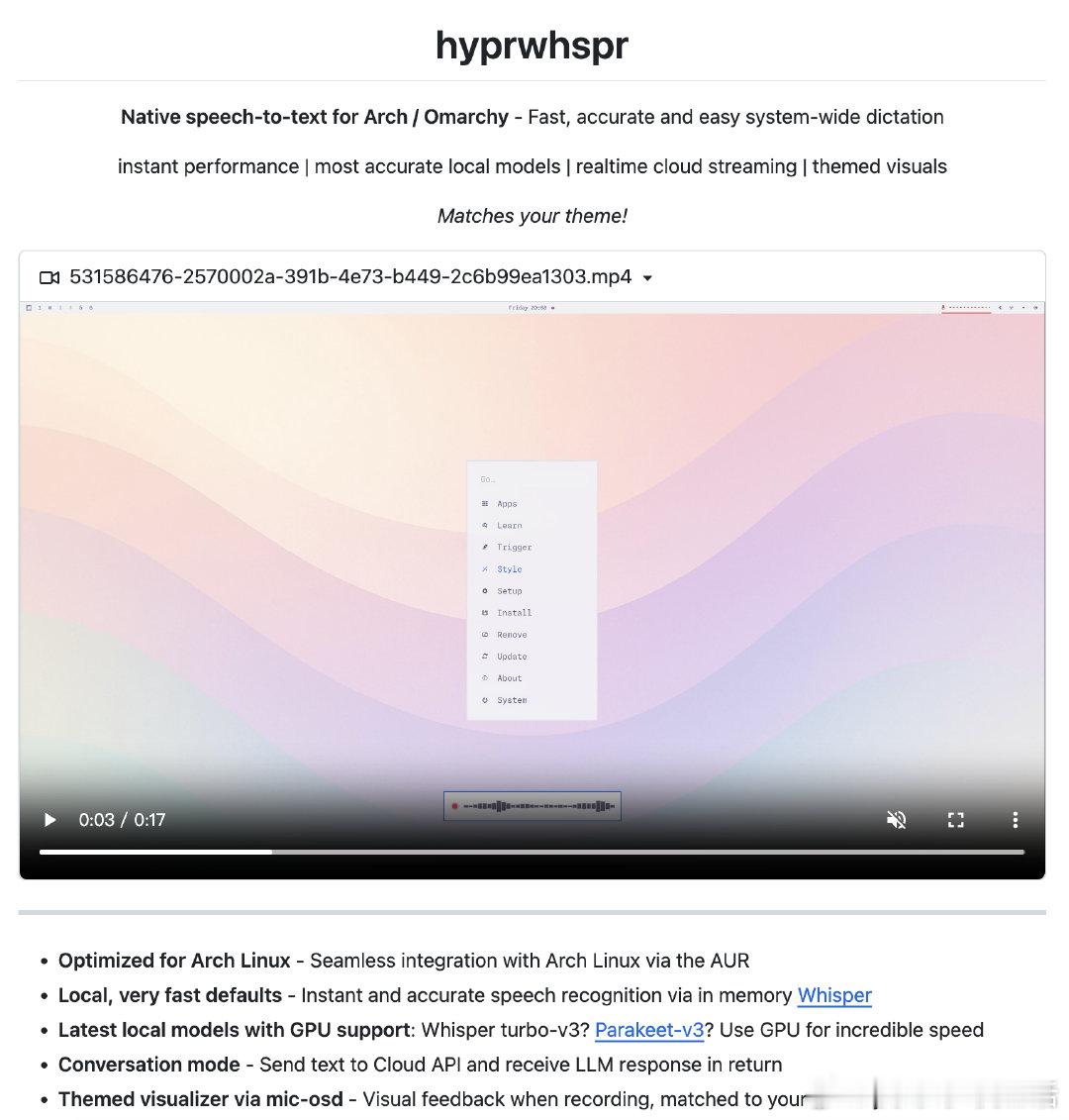 【hyprwhspr：Arch Linux 上的原生语音转文字工具】用语音输入文