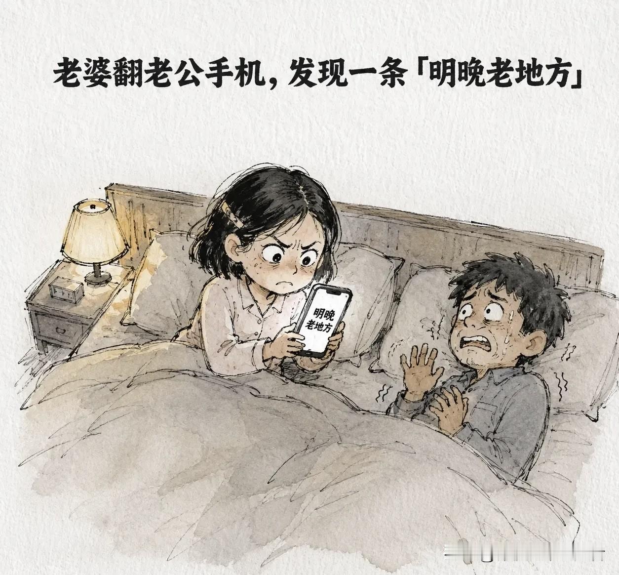 趣味漫画：老婆翻老公手机，发现一条「明晚老地方」。她猛地坐起来：「这谁？」老公哆
