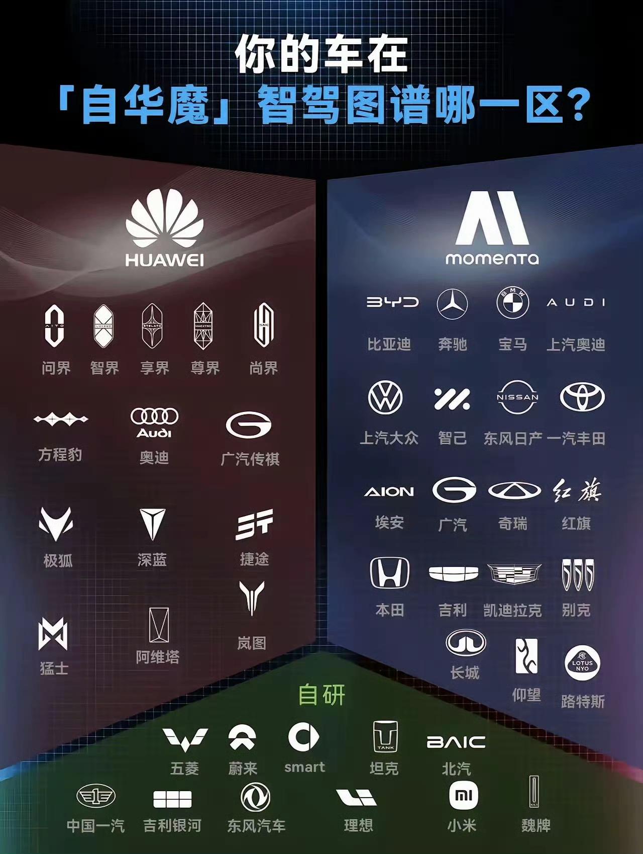 有网友给现在的自动驾驶分了三组，分别是华为系、自研系、Momenta系。

你的