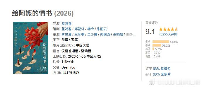 给阿嬷的情书豆瓣评分涨到9.1 