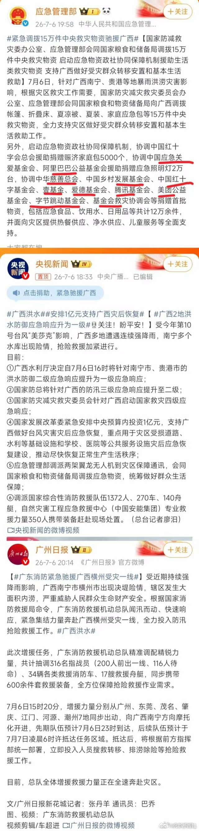 多位艺人向广西洪涝灾区捐款捐物资多位明星通过各种途径向灾区捐款捐物，同时也没有带