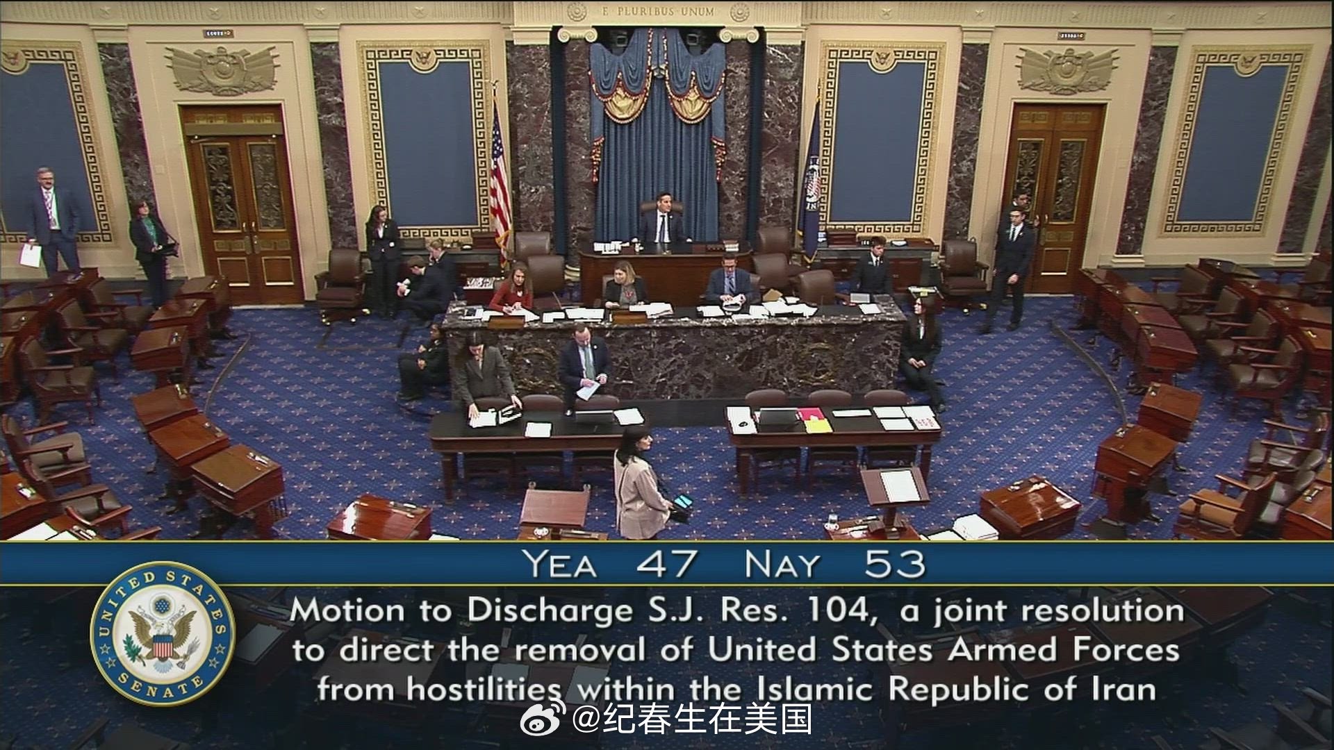 今天下午，参议院就伊朗战争权力决议（S.J.Res.104）进行程序性投票，结果