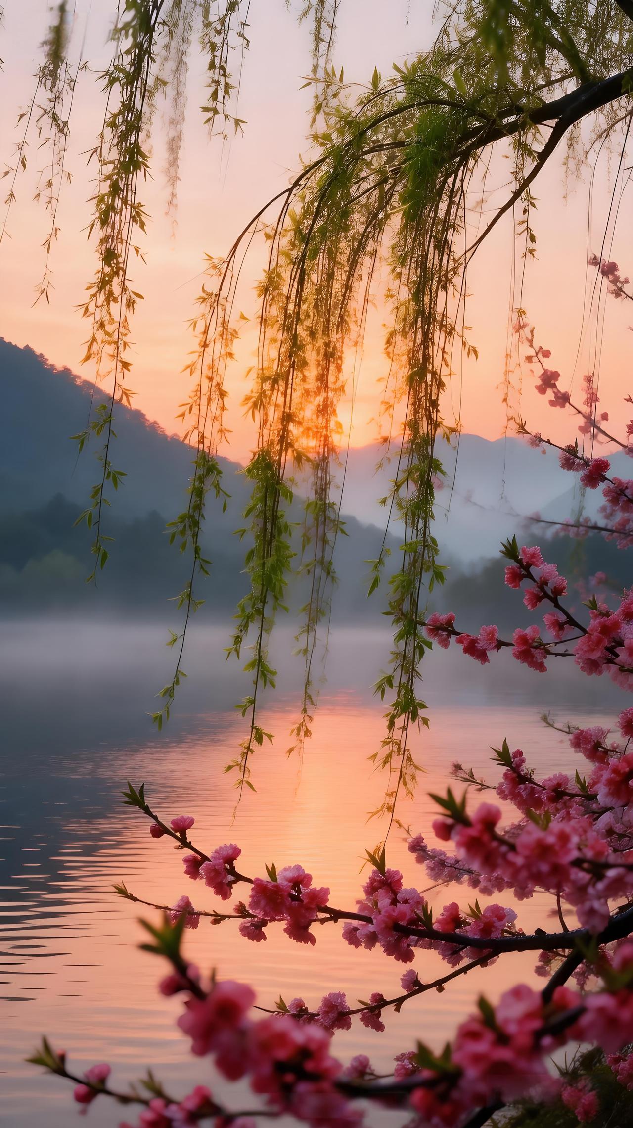 桃红柳绿，春意盎然，桃花如彩霞般绽放，与绿色的柳叶相映成趣，呈现出一幅妖娆的春色