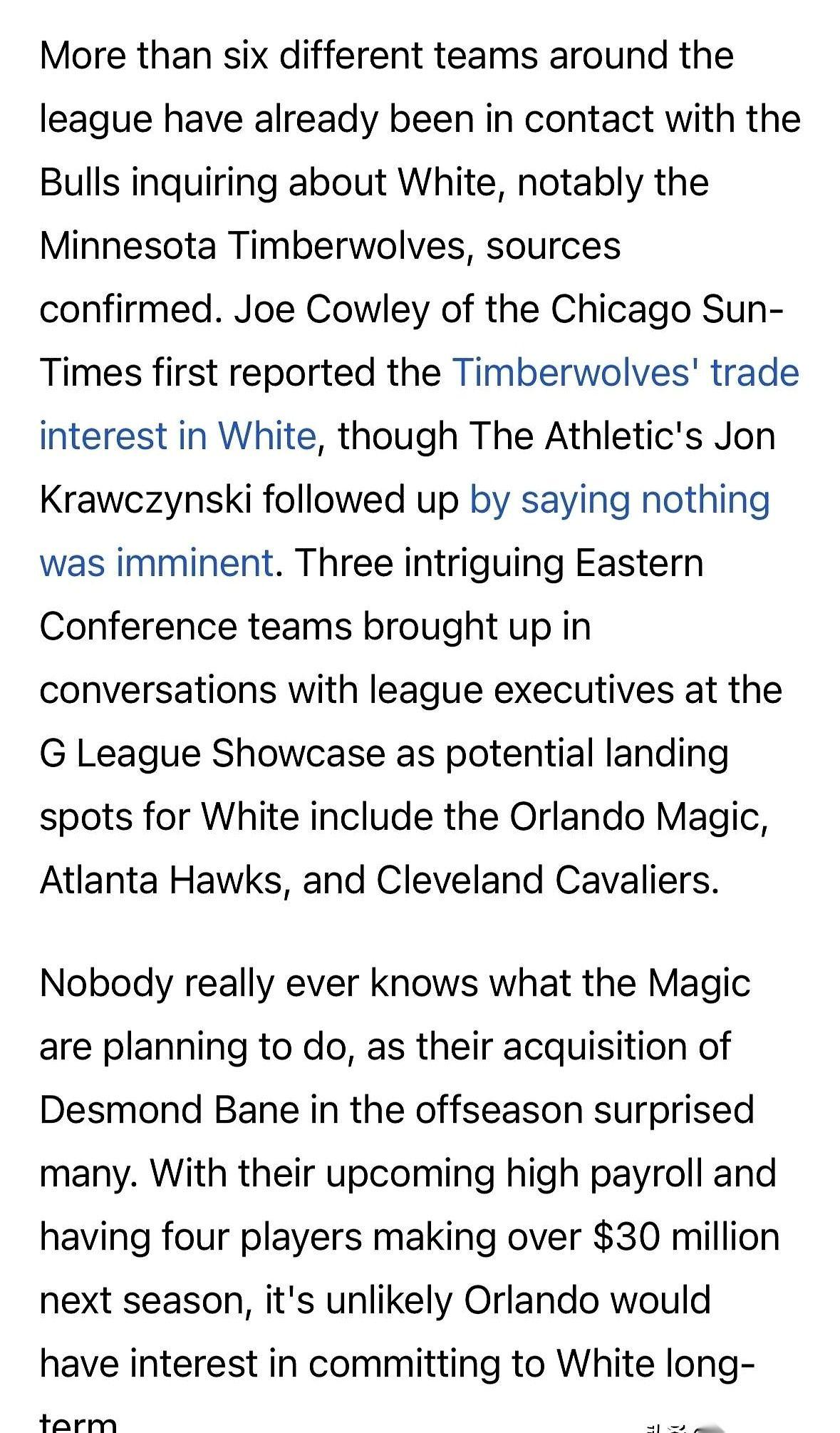 芝加哥公牛要把科比·怀特给卖了。
说白了，就是嫌他下一份合同要价太高，“分手”前