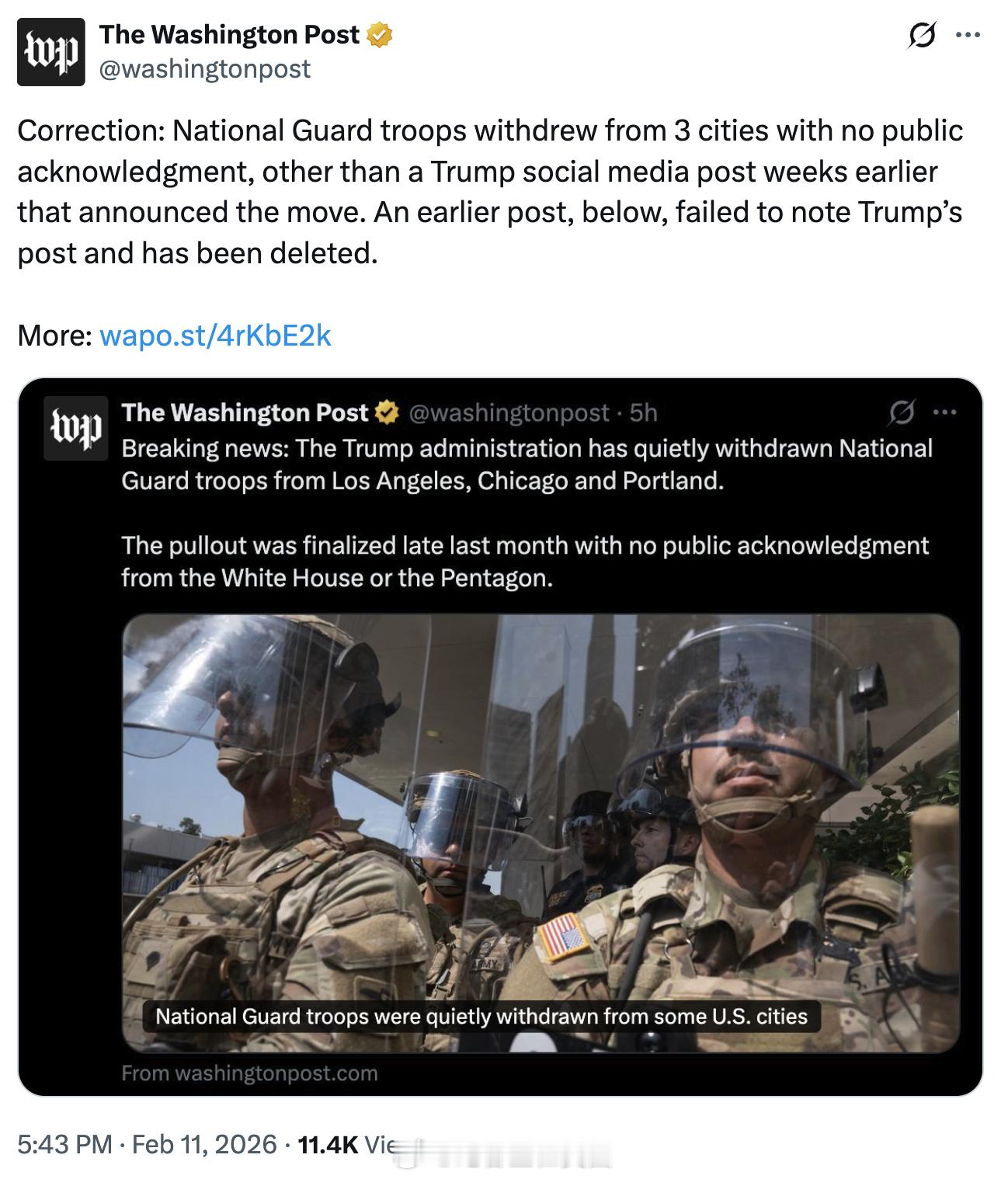 <华盛顿邮报>今天报道一个突发新闻，内容是：“川普政府已悄然从洛杉矶、芝加哥和波