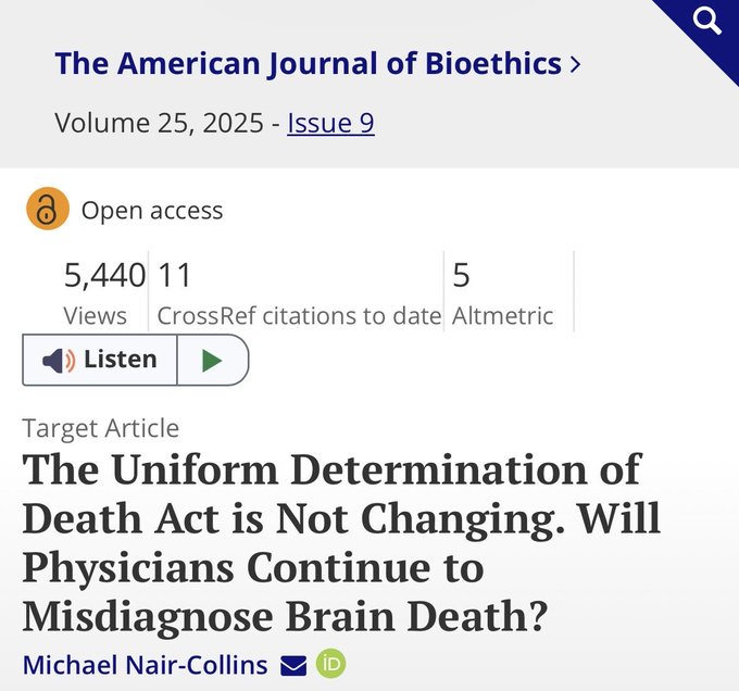 你知道医生诊断脑死亡的方式不符合美国法律吗？《统一死亡判定法》要求，神经学意义上