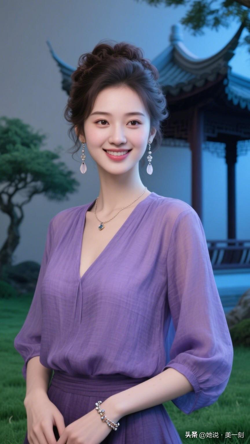 优雅古风美女，紫色长裙，微笑动人，古典韵味十足。分享一张自己旅行随拍的照片
