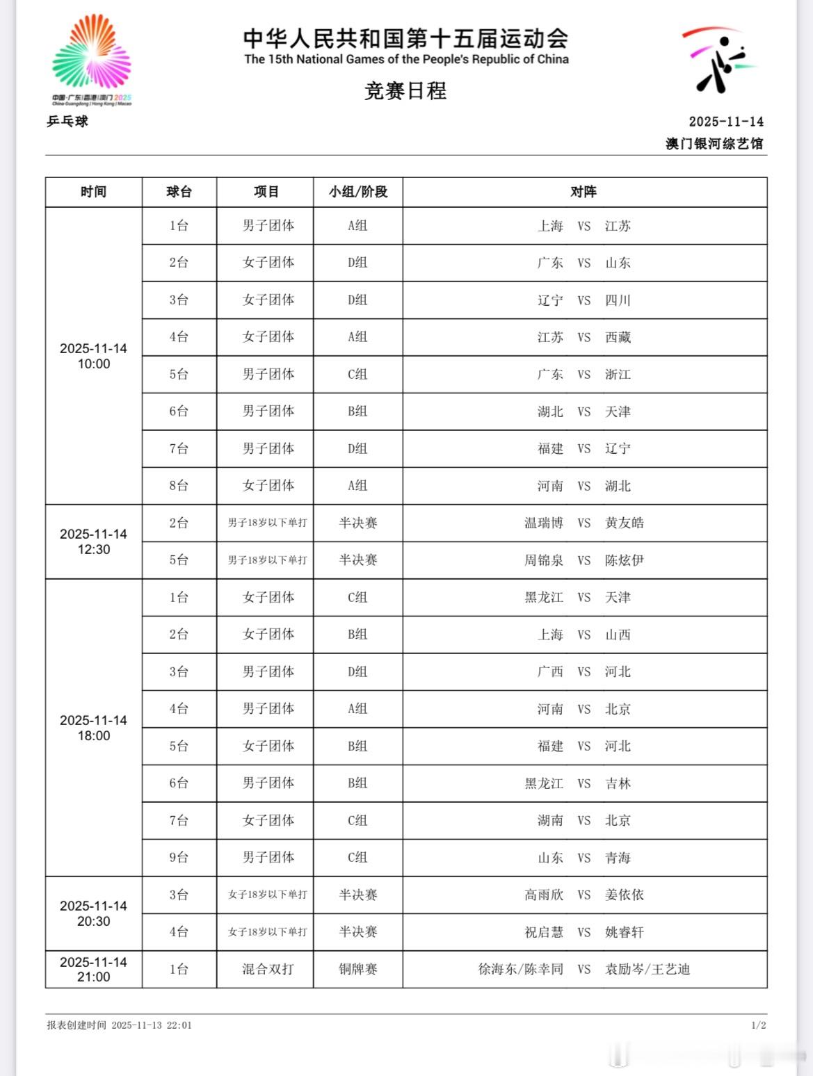 11月14日 乒乓球项目 竞赛日程🏓️ 