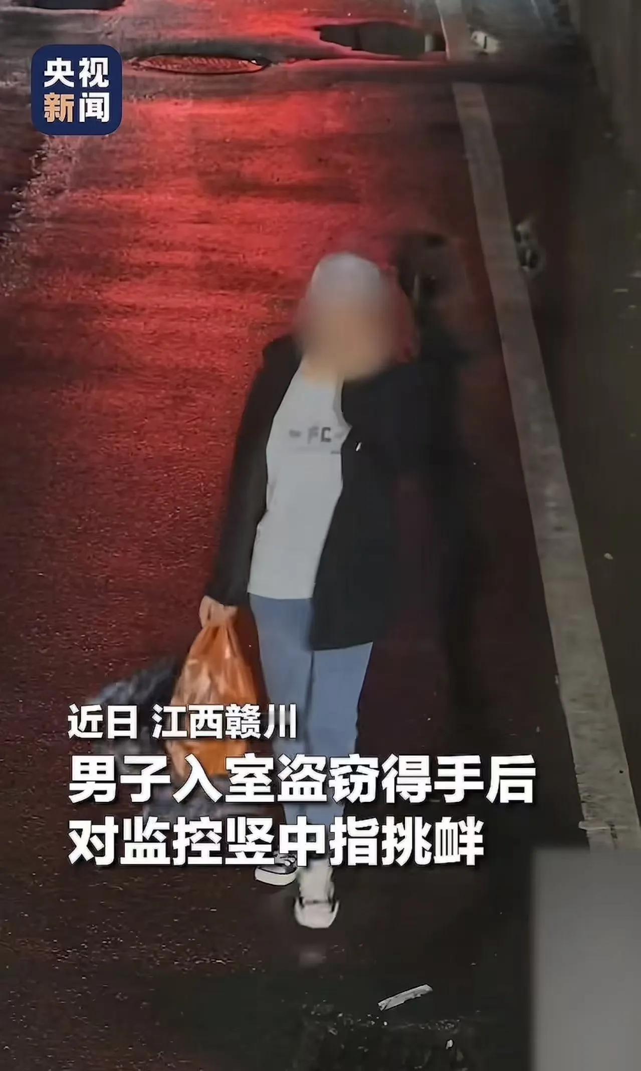 小偷入室盗窃得手后，非但没有丝毫收敛，还猖狂对着监控探头竖中指公然挑衅警方，嚣张