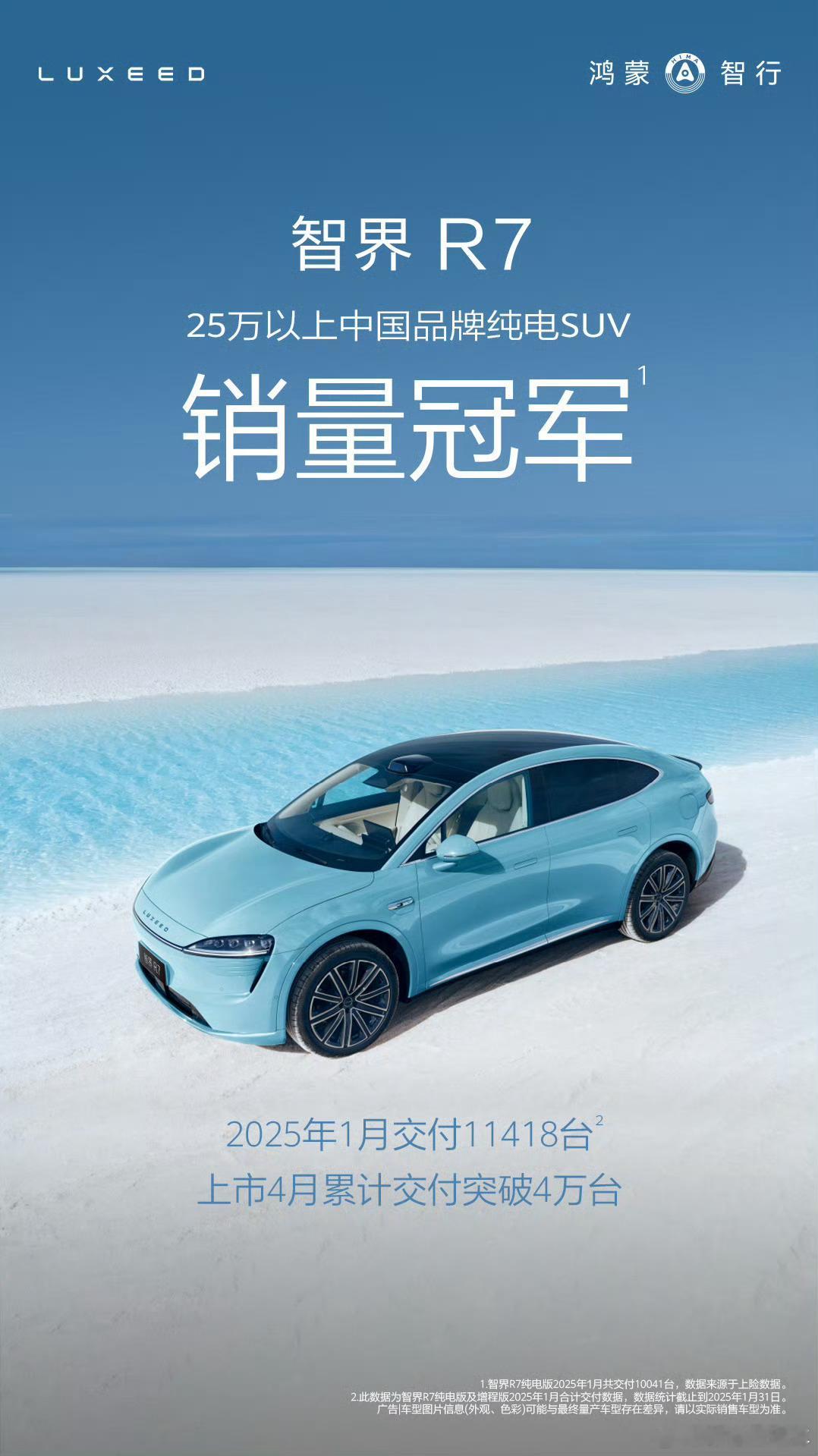 智界R7获25万以上纯电SUV销量冠军 累计交付已经破四万！ 