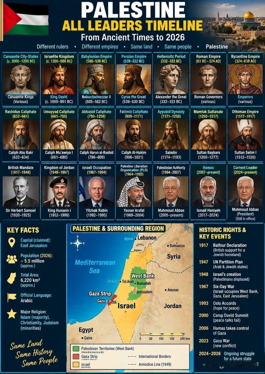 🇵🇸 巴勒斯坦：历代领导人时间线
 
一场从远古直至2026年的历史巡览，梳