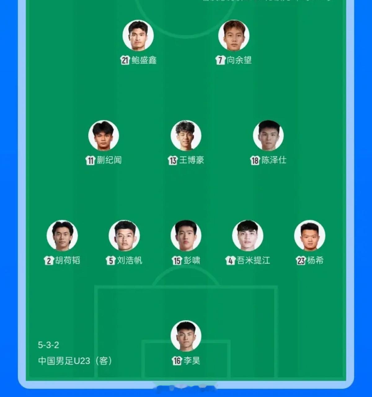 U23国足vs越南U23U23国足首发：16-李昊、2-胡荷韬、4-吾米提江、5