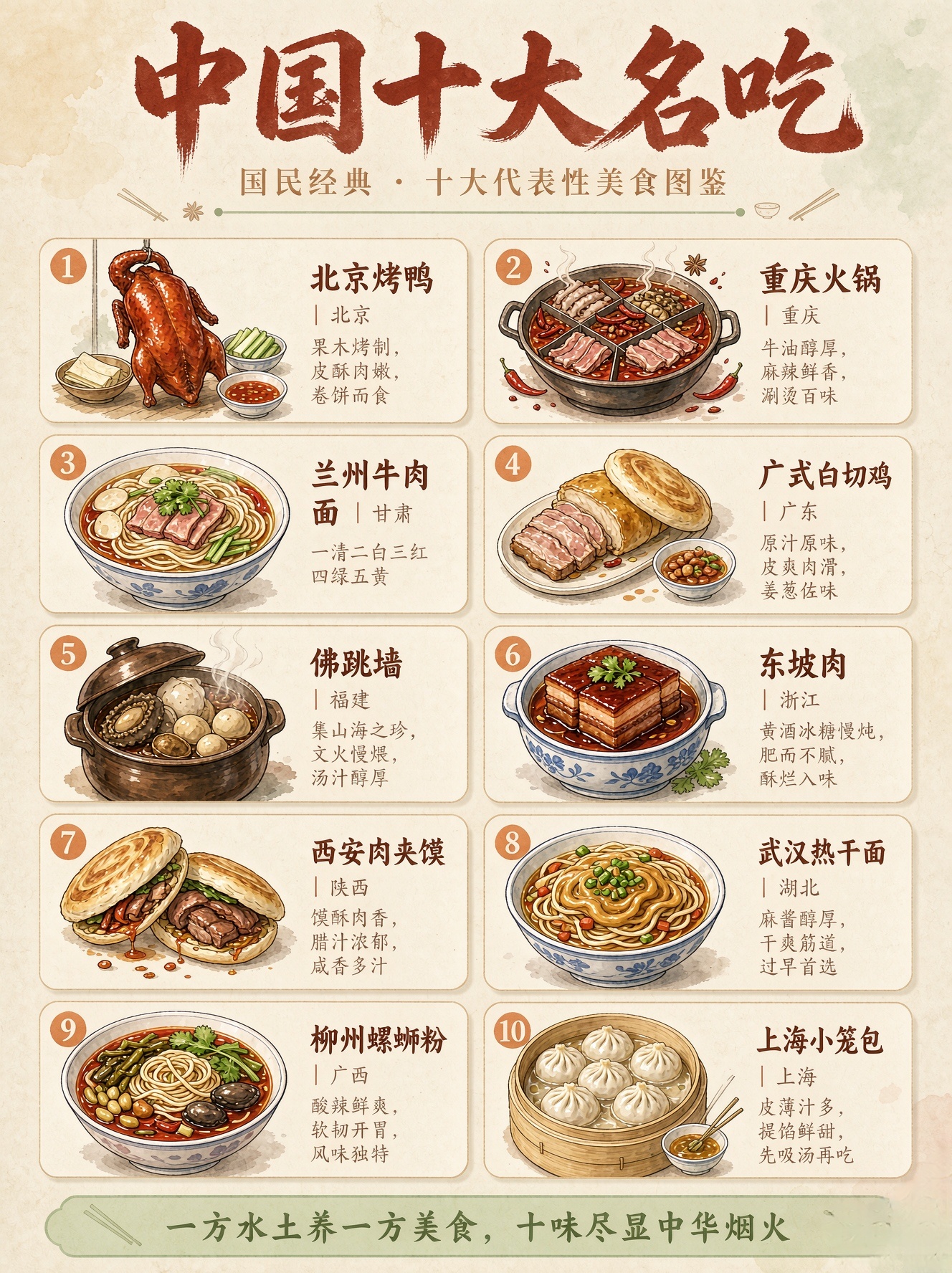 中国十大名吃：十口烟火，半部中国。北京的果木香、重庆的牛油辣、兰州的牛肉汤、广东