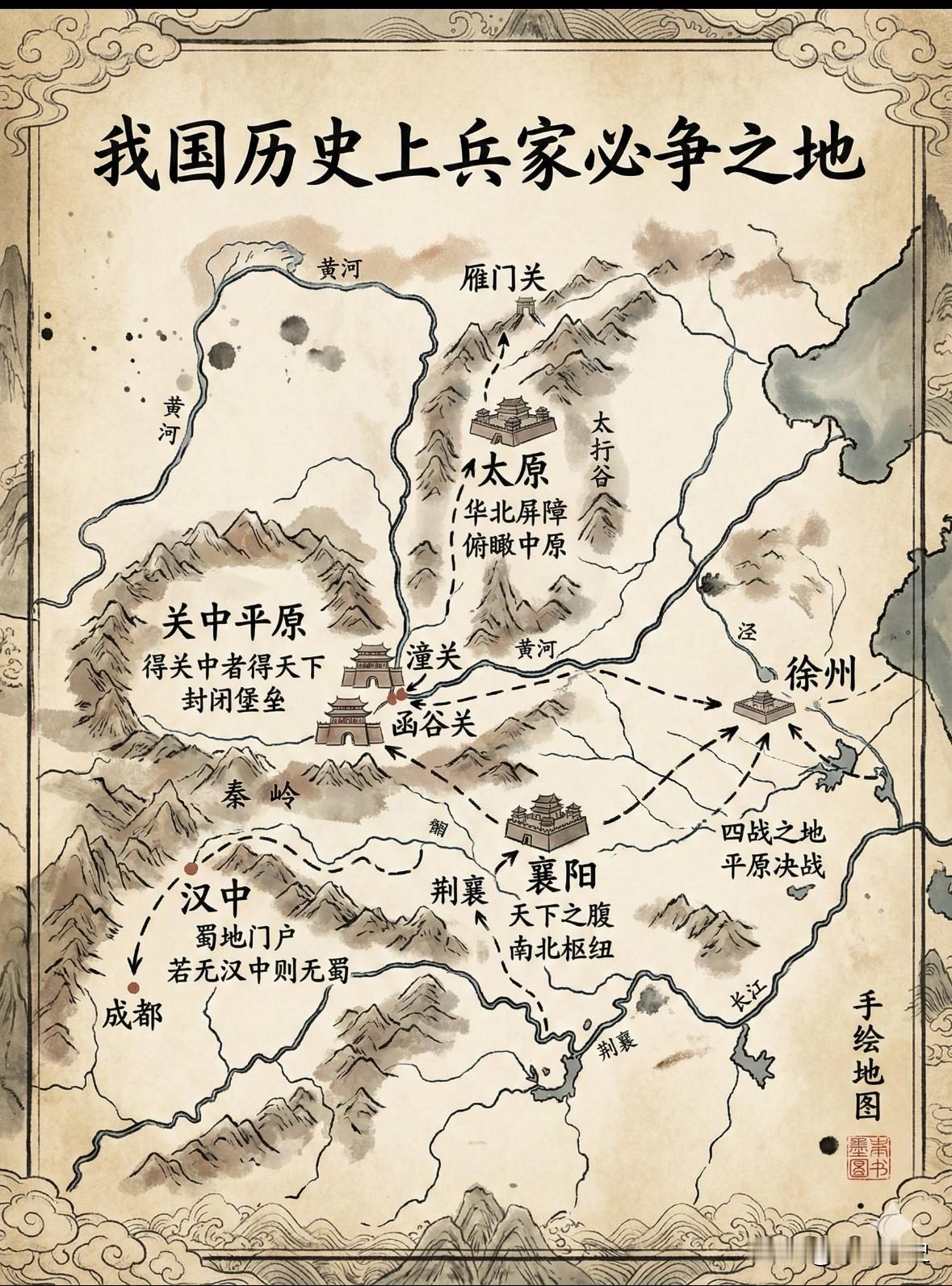 【我国历史上的兵家必争之地】
关中平原，被秦岭与黄河环抱，是天然的封闭堡垒。“得