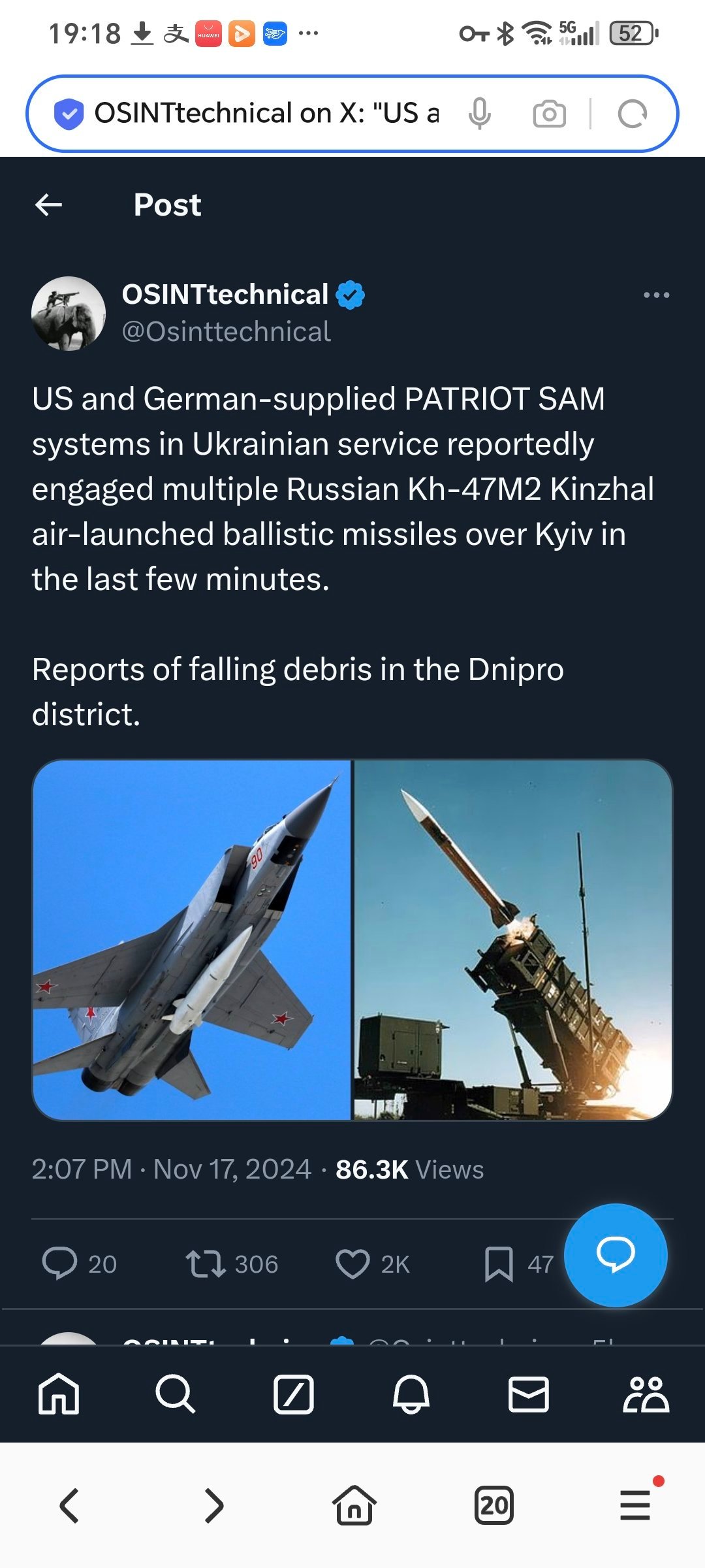 据报道，乌克兰现役的美国和德国提供的 "爱国者 "防空导弹系统今天在基辅上空拦截