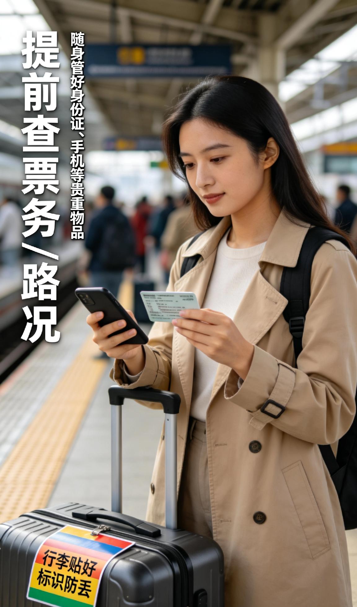 出行：提前查票务/路况，随身管好身份证、手机等贵重物品，行李贴好标识防丢
​
-