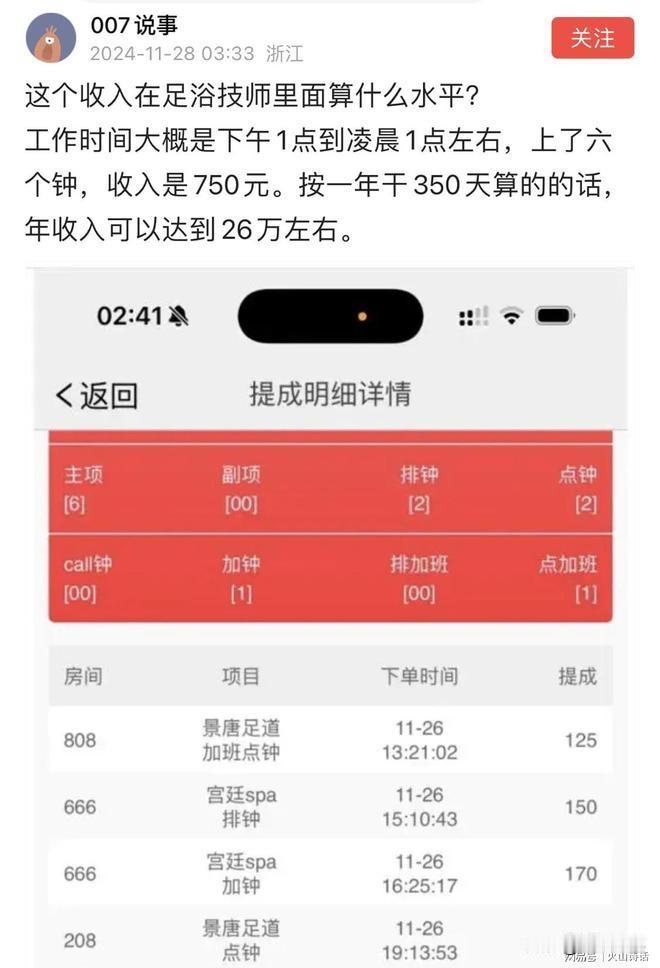 足浴技师上六个钟提成750元，年入可达26万，算什么水平？最近，有个网友分享了一