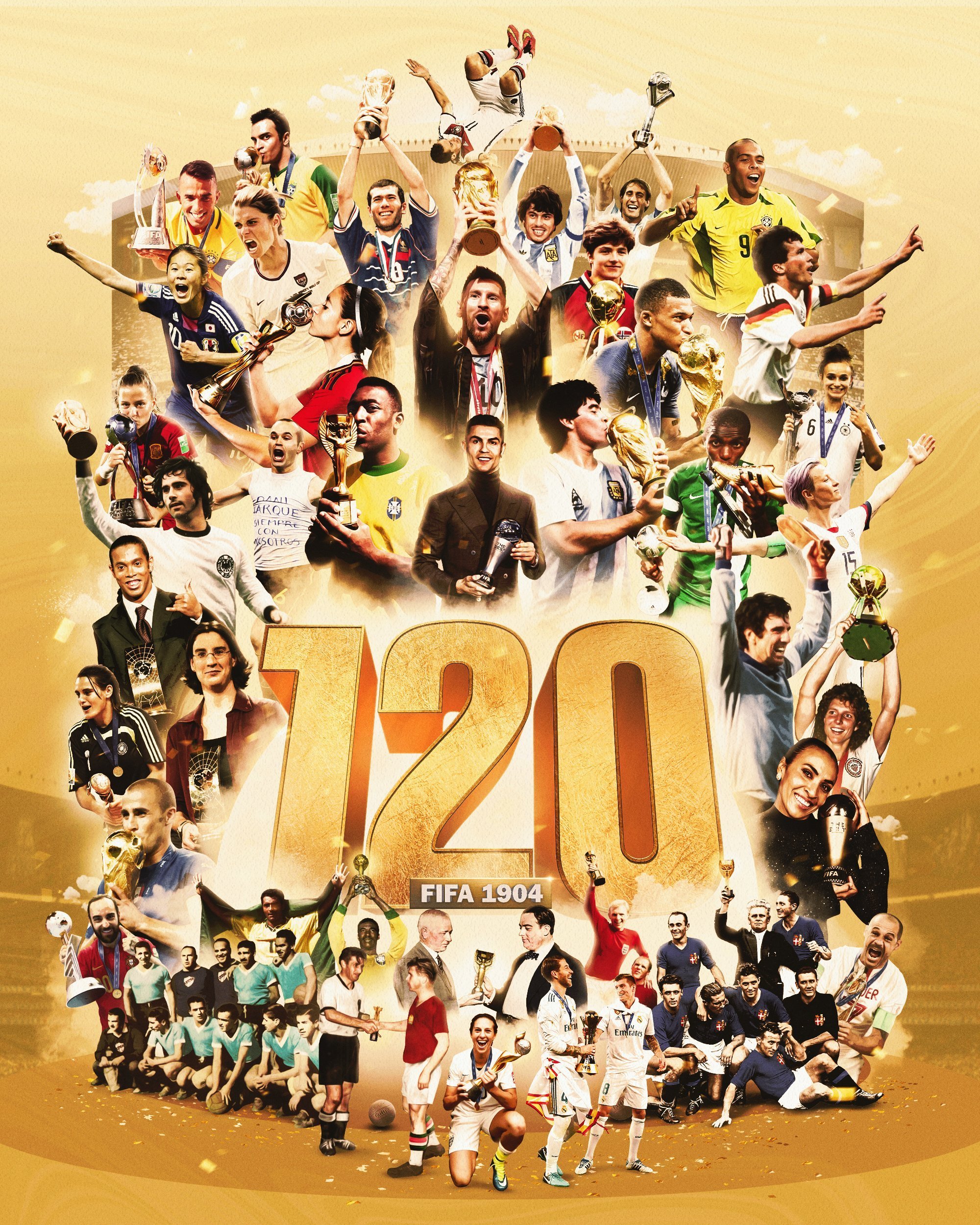 #欧冠[超话]# 国际足联成立120周年的纪念海报最中间的四个人 梅西马拉多纳贝