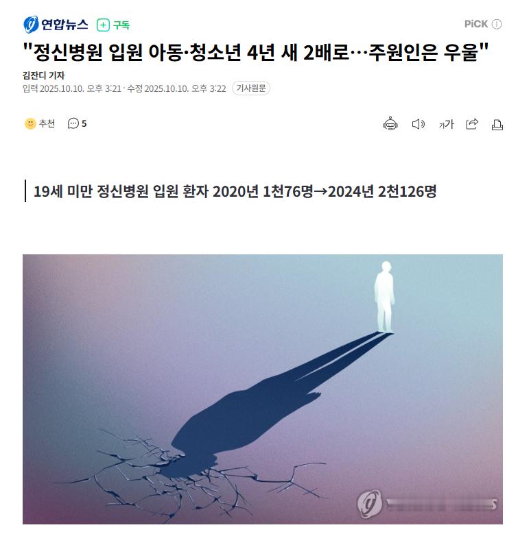 【韩国精神病院住院儿童及青少年四年翻倍…主因是抑郁】海外新鲜事热点现场 韩国因抑