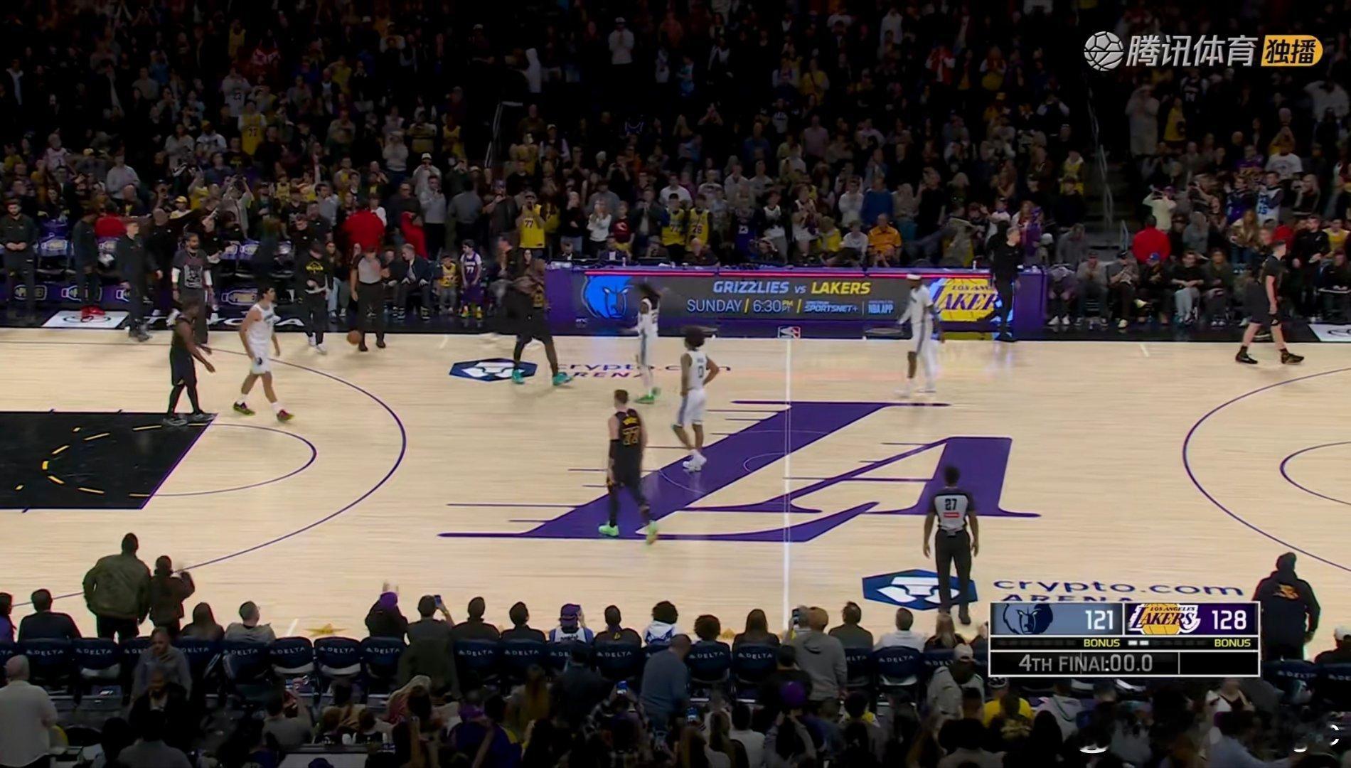比赛结束，湖人128-121灰熊，新年开门红！！詹姆斯31分9篮板9助攻，东契奇