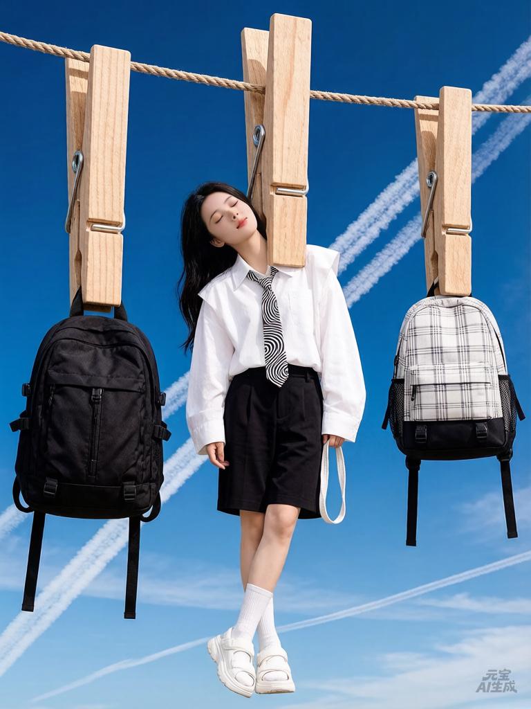 背着书包的少女，享受阳光与微风，梦想在蓝天中翱翔。