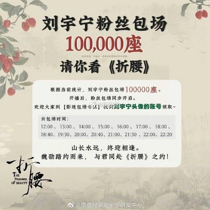 握趣，刘宇宁粉丝大气啊，包了10w云包场折腰今日开播 折腰云包场 ​​​