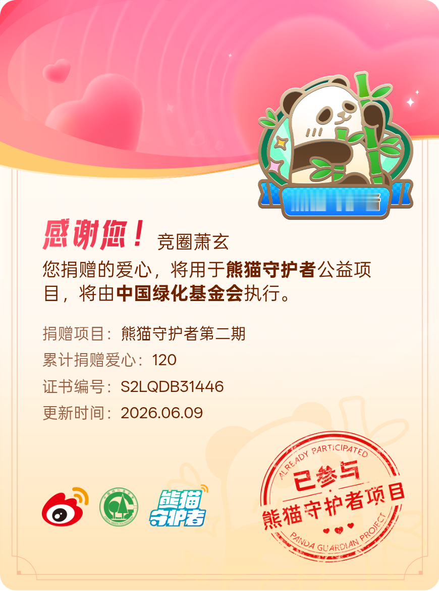 微博积分捐赠【一次次的小小善举，便有了绵延不绝的生命力】我参与了熊猫守护者第二期