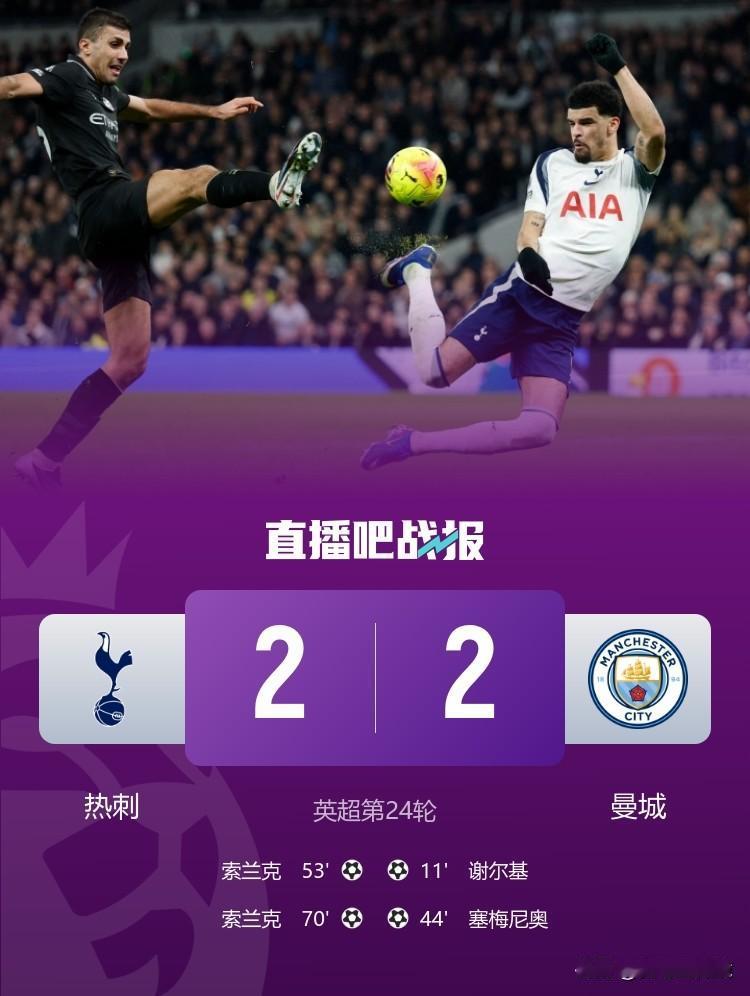 2球领先痛失好局！曼城2-2战平热刺，近6轮仅1胜争冠掉队。
英超焦点战，曼城客