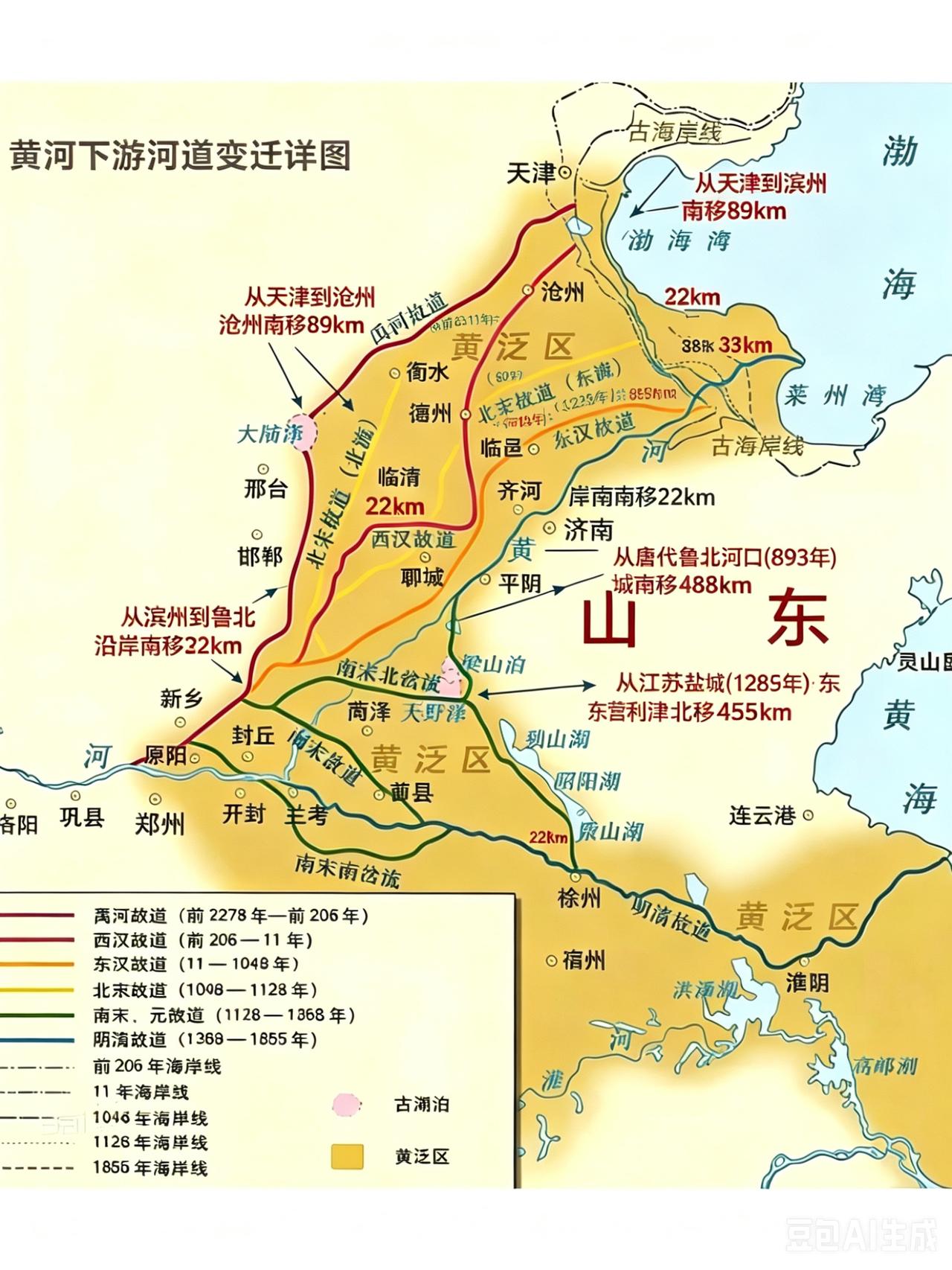 黄河入海口北移455公里，如何做到的？
【① 前2278年 天津渤海入海口】
 