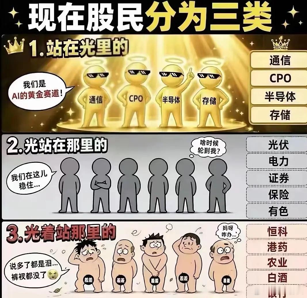 老登死守金融消费，深套难回；小登猛攻芯片存储，翻倍腾飞。老登坐等否极泰来，执念旧