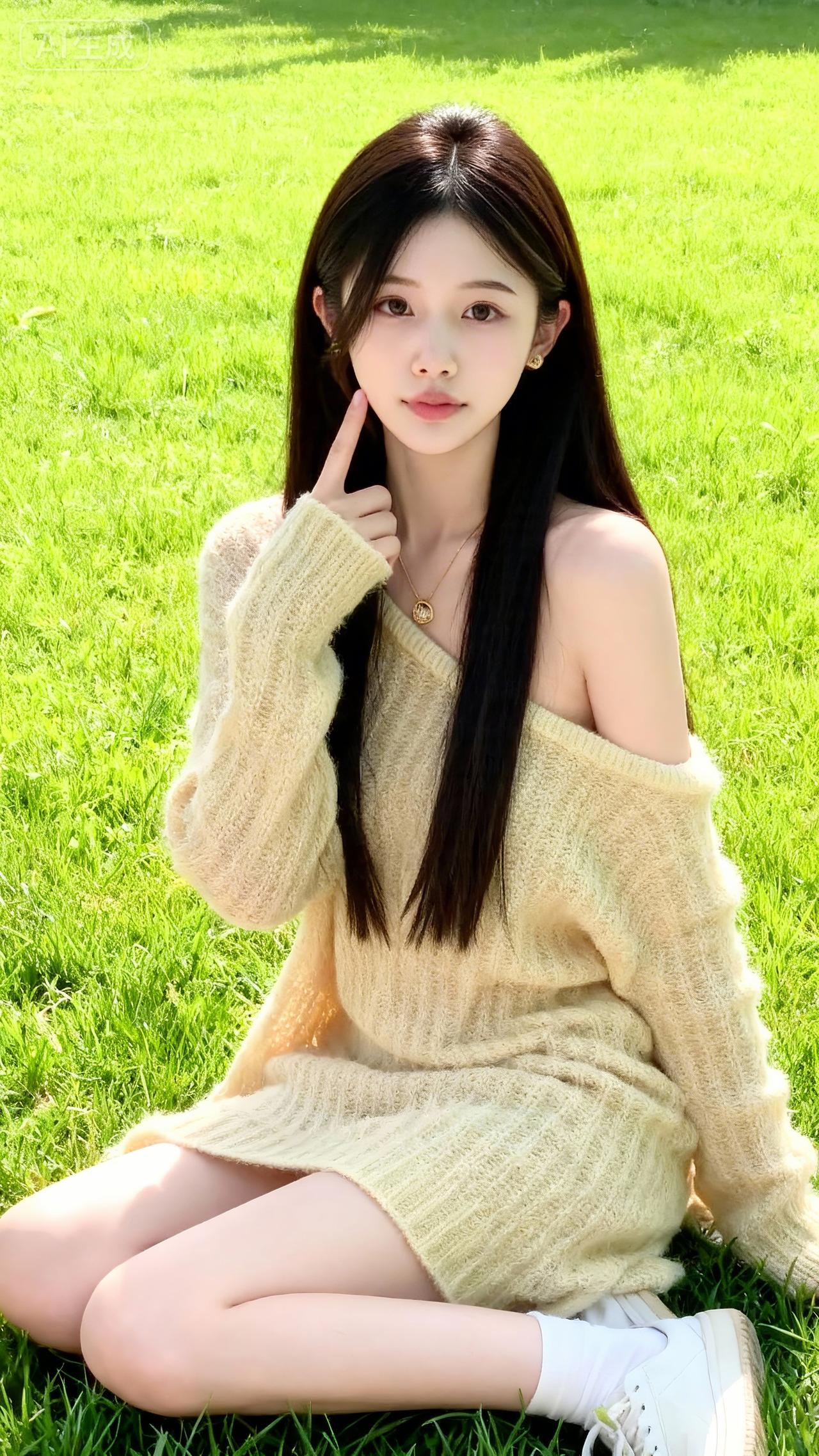 草坪甜妹，奶黄露肩针织裙，纯欲温柔氛围感绝了甜酷吊带裙 绿野法式吊带裙 气质减龄