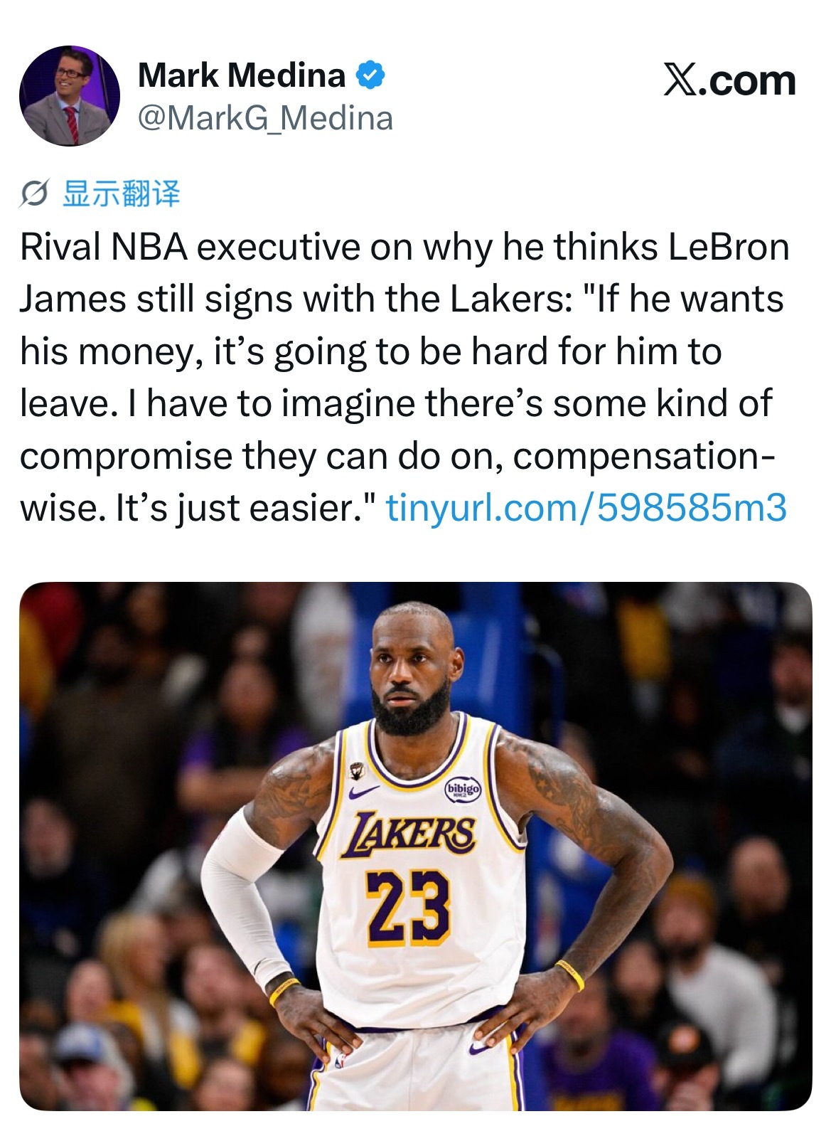 Mark Medina：其他球队的一名NBA高管，分析了詹姆斯大概率留守湖人的原