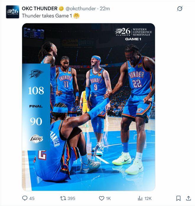 NBA季后赛次轮，湖人惨败雷霆，大比分0-1落后。这场比赛勒布朗17投+1罚拿2