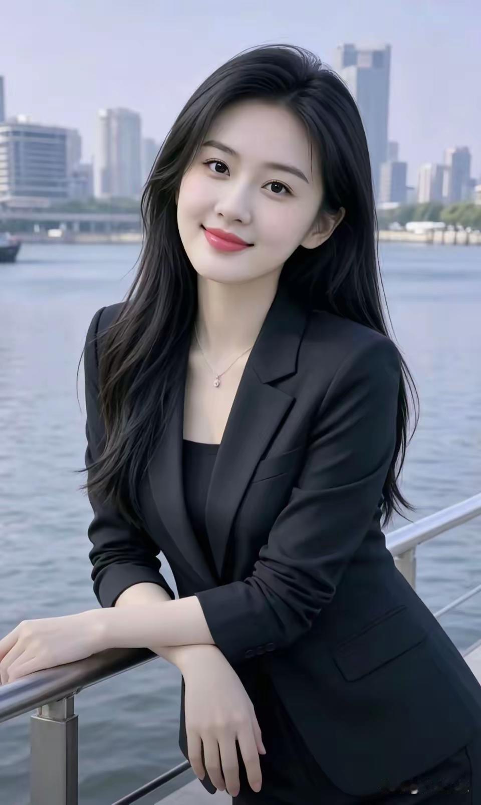 这位美女靠在栏杆上微笑。