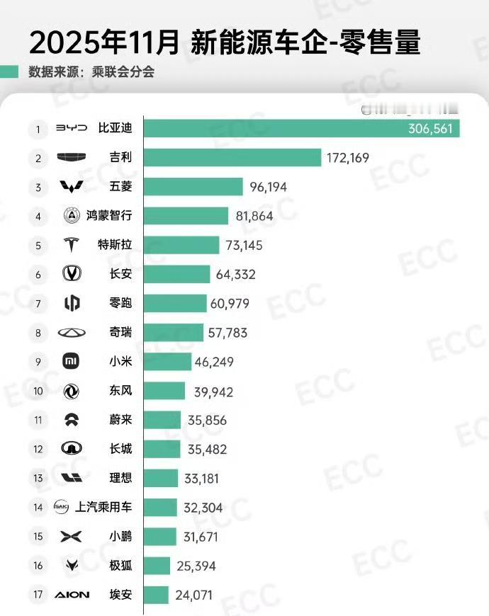 2025年11月新能源车企的零售量排名。
• 比亚迪以306561辆的销量遥遥领