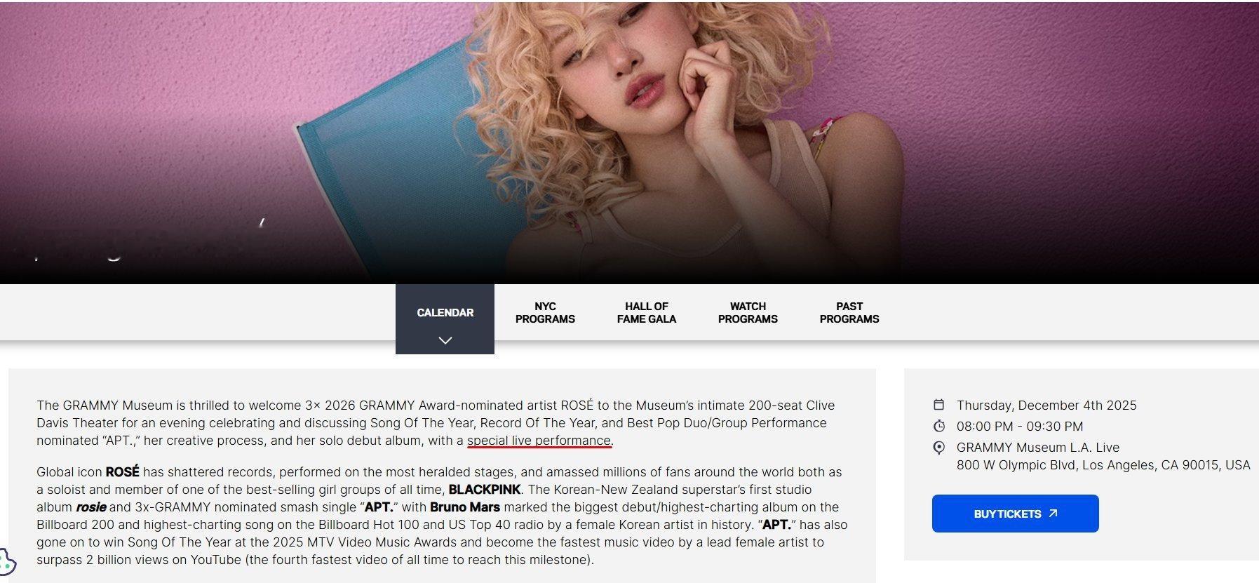 251113 Grammy Museum官网更新Rosé相关😱朴彩英将于12月