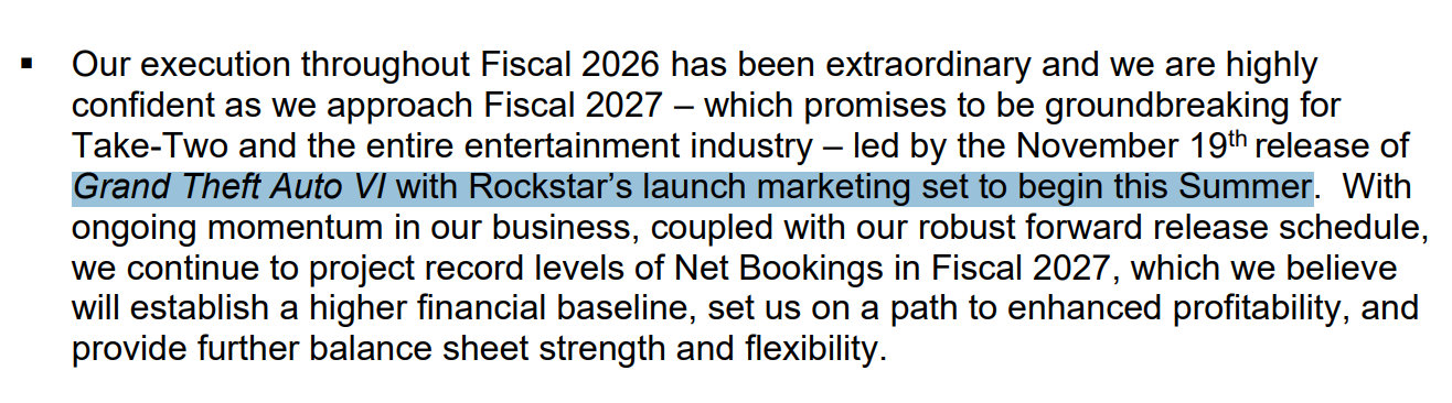 R星母公司Take-Two最新季度财报显示：·《那个游戏6》仍计划在11月19日