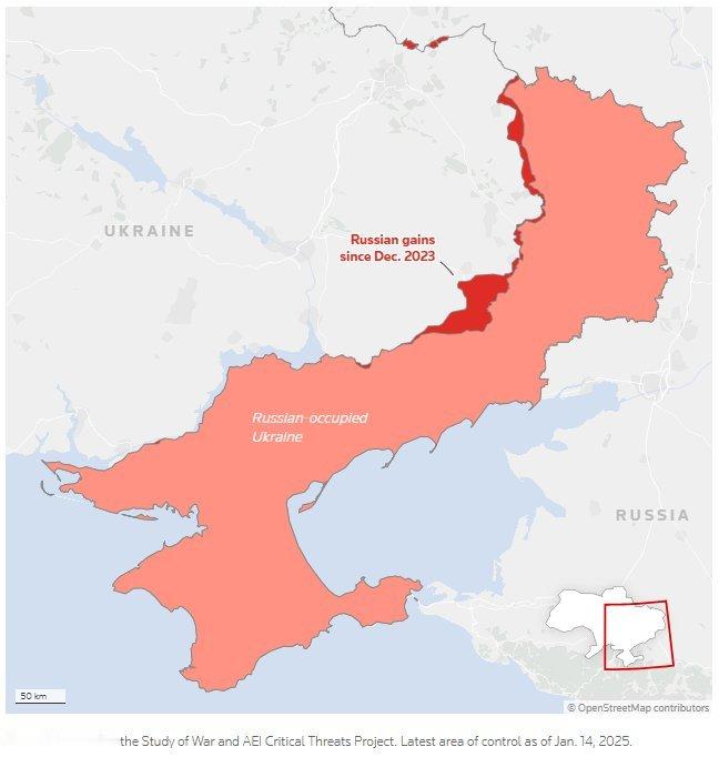 下图深红色区域是俄罗斯 2024 年全年在乌克攫取的土地。红色用得好，因为每一寸