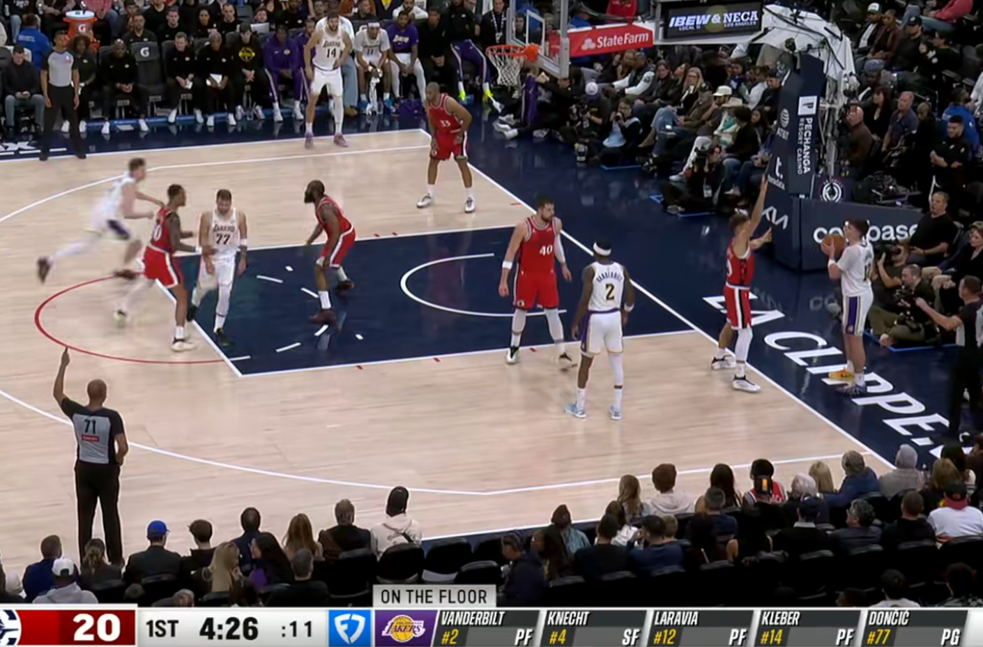 湖人又被打停了，目前9:23落后14分。今天别说防守，进攻也掉线了。场上阵容是：